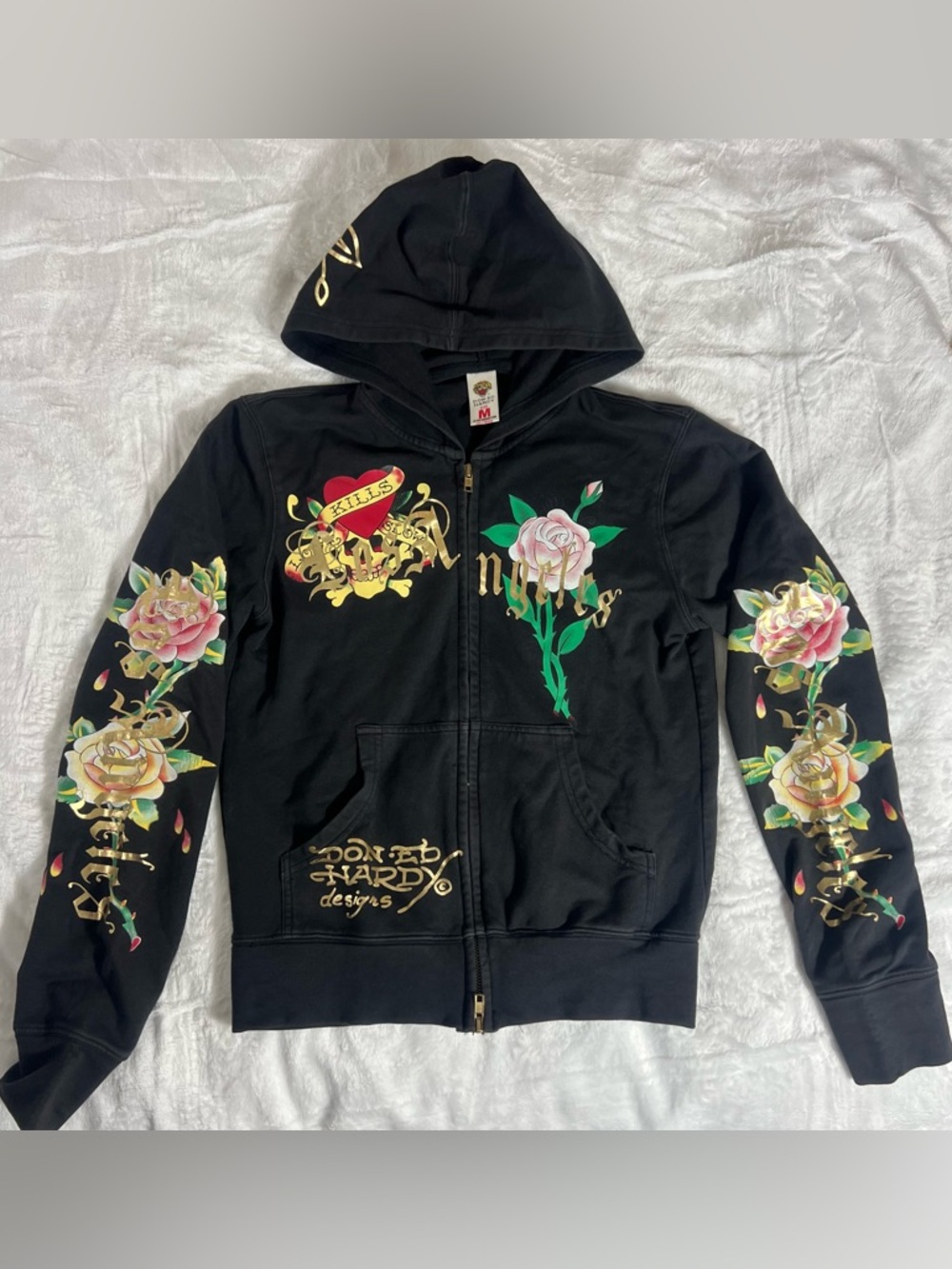 Don Ed Hardy Vintage Zip Hoodie Roses Skull Gold Foil Y2K